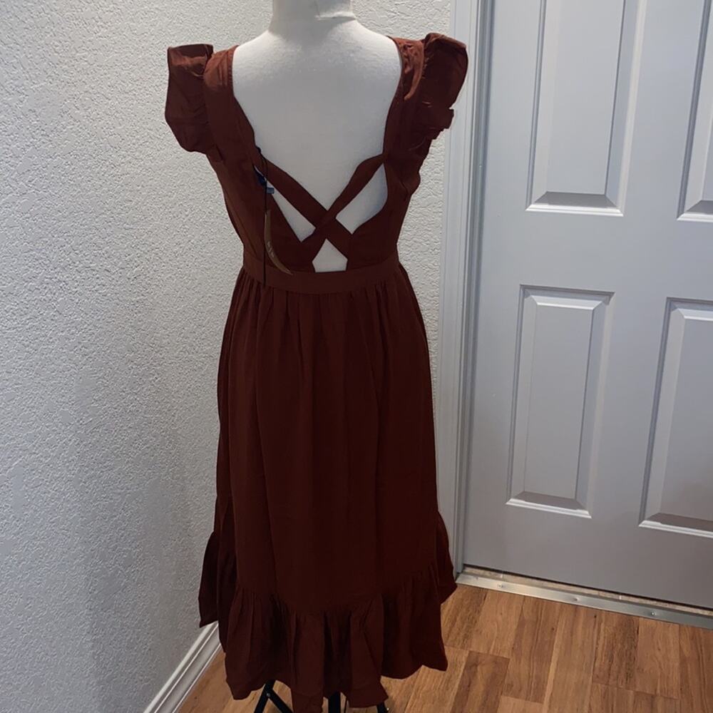 Vero Moda Odette Brown Ruffle Calf Dress NWT Sz M Women’s Polyester Tie Back - Picture 4 of 15